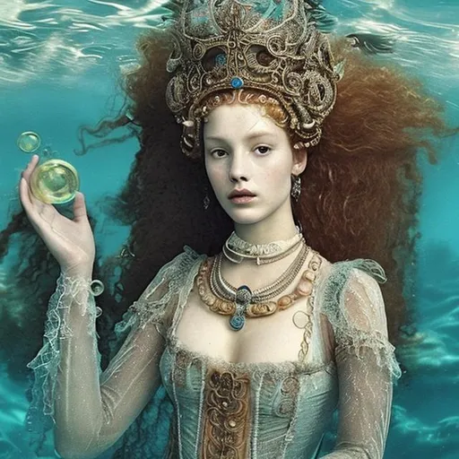 Prompt: woman in 16th century dress underwater lounging.  hair, elaborate hair, fabric, lace, bubbles. crown, jewels, queen.