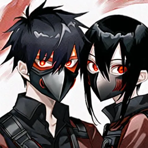 Prompt: Pyro  (black hair) (red eyes) wearing a gasmask