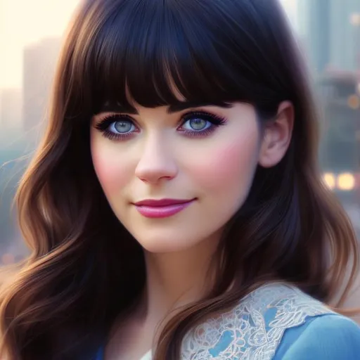 Prompt: Closeup face portrait of {Zooey Deschanel}, glasses, smooth soft skin, big dreamy dark blue eyes, beautiful intricate colored hair, symmetrical, anime wide eyes, soft lighting, detailed face, by makoto shinkai, stanley artgerm lau, wlop, rossdraws, concept art, digital painting, looking into camera, commisure smile