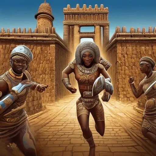 Prompt: create art for this game "JTNigerianOdyssey: The Race Through Time.  Ancient City of Benin: Race futuristically through the historical city, passing by the famous Benin City walls and monuments.