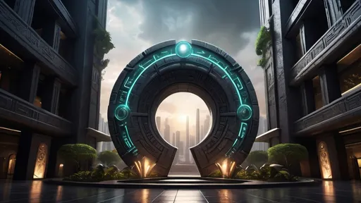 Prompt: magical portal between cities realms worlds kingdoms, circular portal, ring standing on edge, upright ring, freestanding ring, hieroglyphs on ring, complete ring, ancient aztec architecture, gardens, hotels, office buildings, shopping malls, large wide-open city plaza, panoramic view, dark night, futuristic cyberpunk tech-noir setting
