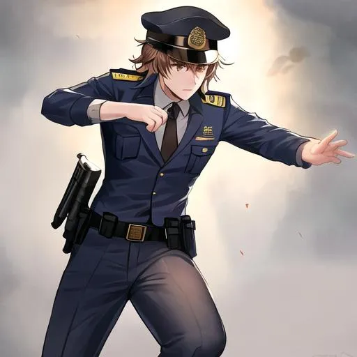 Prompt: Caleb as a police officer in a gunfight bullets flying, wounded
