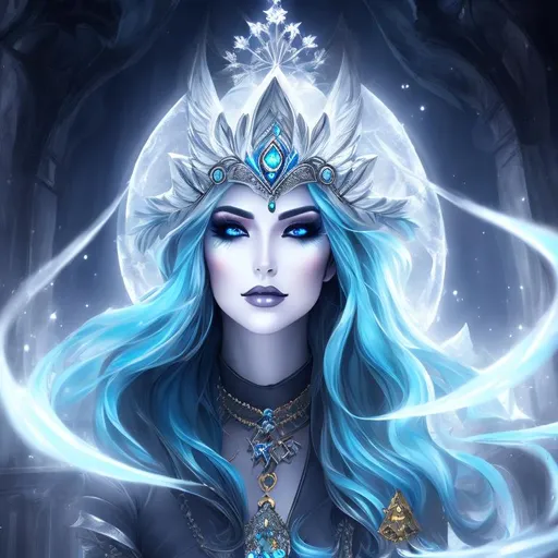 Prompt: Broken Ice goddess, {{fallen from grace}}, [undead], lich, artstation, dark d&d fantasy, dark fantasy, digital art