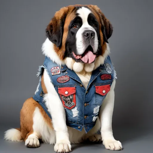 Prompt: st bernard wearing a heavy metal music denim vest with patches 