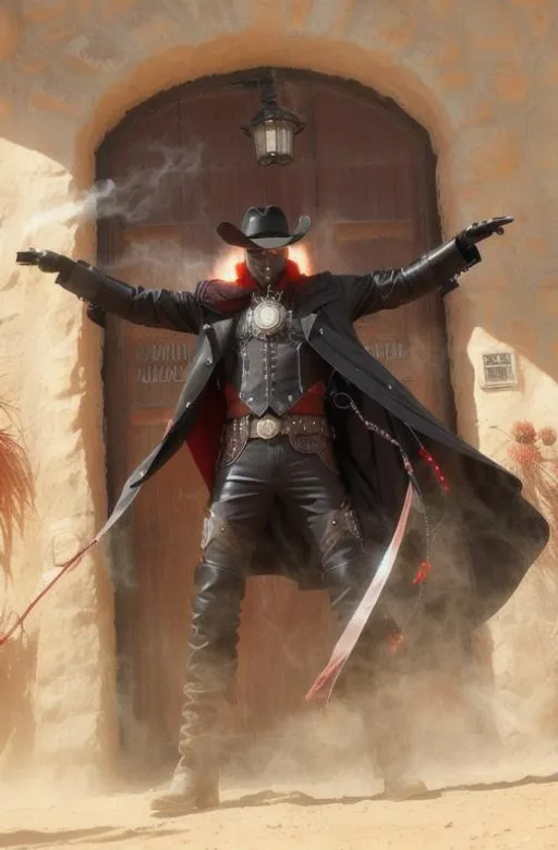 Prompt: Cyber Cowboy with 4 Arms, fiery red Poncho, Dressed in black duster and Stetson Cowboy Hat, with Red eyes, Haunting Presence, Intricately Detailed, Hyperdetailed, Desert Wild West Landscape, Dusty Midnight Lighting, Wild West Feel