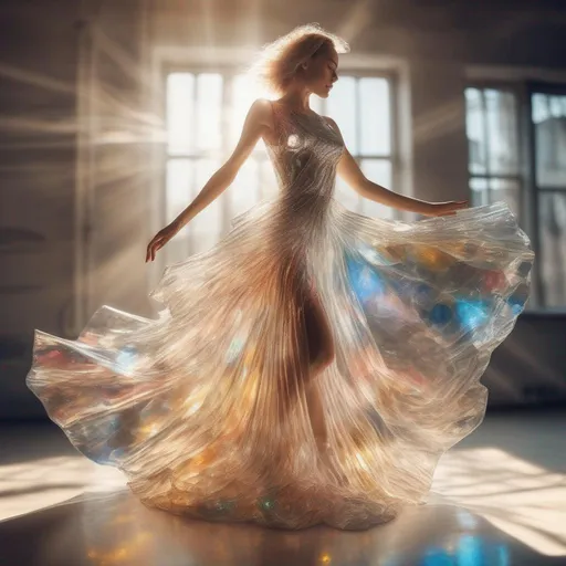 Prompt: Beautiful woman made out of crystal glass dressed in a glass dress,  dancing in sunlight in a painted style