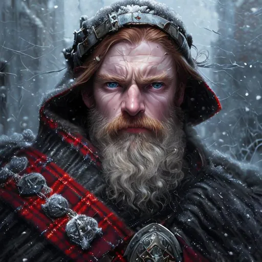 Prompt: scottish king 15th century red hair and dark blue eyes battle hardened skin small shallow eyes,  grey beard beautiful intricate colored hair, symmetrical, snowing, soft lighting, detailed face, wearing tartan kilt and weopans by makoto shinkai, stanley artgerm lau, wlop, rossdraws, concept art, digital painting, looking into camera