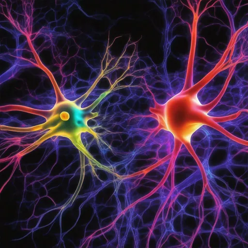 Prompt: 2 neuron cells interacting with each other they are in bright colors with black background, they are forming a synaps together