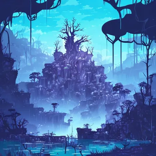 Prompt: A dead tree surrounded by pools of water, violate foliage surrounds the area, Illustrative style, anime, domain, ruins, purple