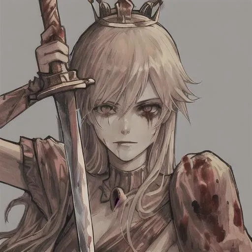 Prompt: Queen with a crown holding a sword with blood on face