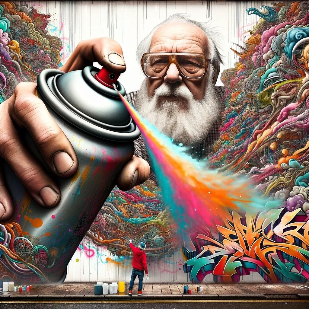 Digital art capturing Big Spraycan the legendary graffiti artist working his magic on a massive 