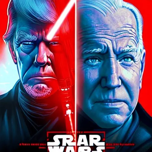 Prompt: Star Wars movie poster. Trump vs. America. Trump has a blue light saber and Biden has a red lightsaber 