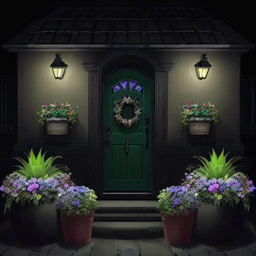 Prompt: night-time, black, garden, multicolored flowers, flower pots, pots, planter boxes, entryway, dark sky, dark clouds, 
very soft █►green◄█ theme, dark shadows, dark walls, dim lights, (some cyan small things:0.8), 
♦♦ doorstep, letterbox, front porch, porch, foyer, stool, garden bench, butterflies, bees, flowers, watering can, garden tools, hair flower, hair ribbon, pail, 

■■ {{{{best quality, 8k resolution photography, artistic photography, photorealistic, masterpiece}}}}, 