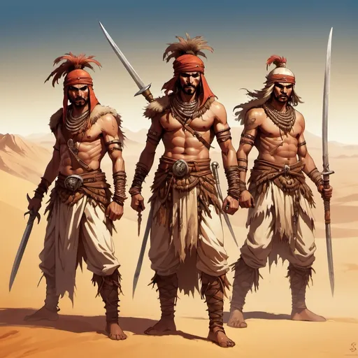 Prompt: Full body, Fantasy illustration of 3 savage berber warriors, traditional garment, armed with sabres, aggressive expression, high quality, fantasy, desert background 