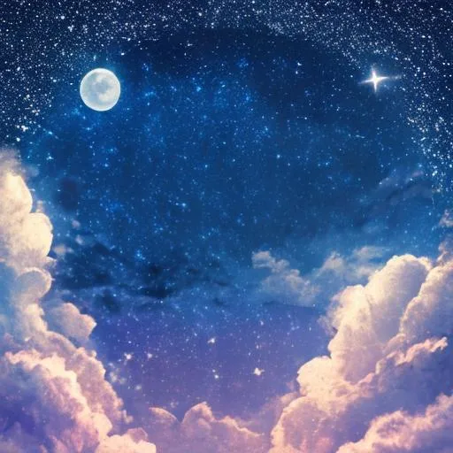 Prompt: The night sky full of stars in a full moon and fluffy clouds