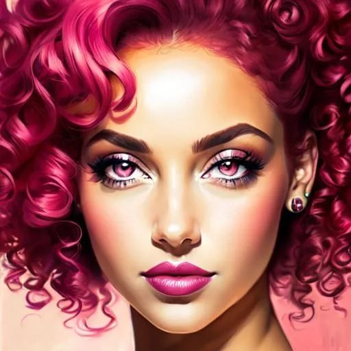 Prompt: woman with big  eyes and carmine lips, curly pink hair, lips, pink cheeks