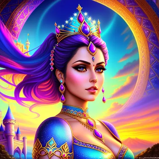 Prompt: A hyper realistic full body image, Tamina as a Princess of persia, detailed beauty face, detailed beauty eyes, surreal beauty, soft light, surrounded by Castle in Prince of Persia and surrounded by full color full color voronoi on mandelbrot fractal sky, long shot ((fractal)) ((fractal sky)