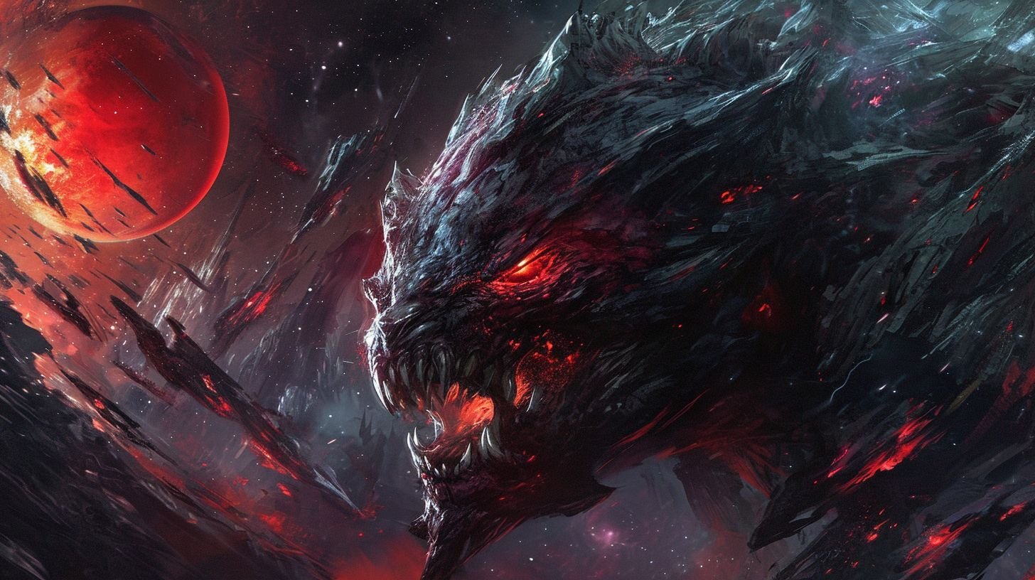 Prompt: Digital representation of an aggressive, structured entity with luminous red eyes and keen fangs, against a turbulent environment of irregular platforms and a glowing-red satellite. The entity's facial features play with a dramatic contrast of ruby red and charcoal gray, emphasizing its fearsome nature.