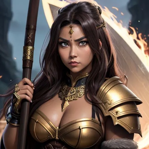 Prompt: masterpiece, splash art, ink painting, beautiful pop idol, D&D fantasy, (40 years old) lightly tanned-skinned gold Dwarf barbarian female, ((beautiful detailed face and large eyes)), ((short, stocky)), raging expression, medium length hazel hair, serious expression looking at the viewer, wearing detailed hide armor holding a huge battle axe above in one hand #3238, UHD, hd , 8k eyes, detailed face, big anime dreamy eyes, 8k eyes, intricate details, insanely detailed, masterpiece, cinematic lighting, 8k, complementary colors, golden ratio, octane render, volumetric lighting, unreal 5, artwork, concept art, cover, top model, light on hair colorful glamourous hyperdetailed medieval city background, intricate hyperdetailed breathtaking colorful glamorous scenic view landscape, ultra-fine details, hyper-focused, deep colors, dramatic lighting, ambient lighting god rays, flowers, garden | by sakimi chan, artgerm, wlop, pixiv, tumblr, instagram, deviantart
