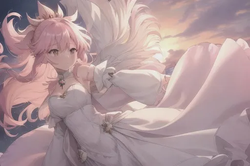 Prompt: (1girl, (((sunset)), (((in the sky))), ((clouds)), (((falling))), (((floating))), ((reaching))), (((wind blowing)))), bridal gauntlets, capelet, closed mouth, white long dress, final fantasy, winged capelet, (((light pink hair))), hair band, hair between eyes, hair ornament, (((light blue pupils))), looking at viewer, (short hair), shoulder wing, white gold theme, glowing light, (((yellow petals floating in the air))), (((light particles))), ((digital art)), best quality, masterpiece, detailed face)