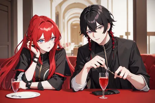 Prompt: Zerif 1male (Red side-swept hair covering his right eye) and Haley on a date 8K, UHD, best quality, highly detailed, insane detail