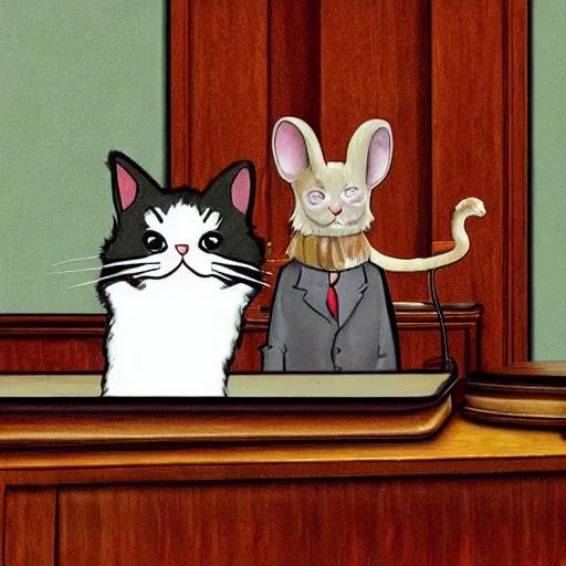 Prompt: paint me a courtroom scene where the judge is a cat and the defendant is a mouse

