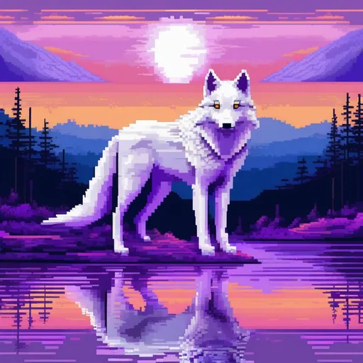 Prompt: pixel art, 16-bit, beautiful {white wolf}, with {silver eyes}, looking at viewer, glaring through fourth wall, layers of purple mountain silhouettes, magical fantasy crystal lake, twilight, highly detailed, beautifully detailed shading, complementary colors, golden ratio