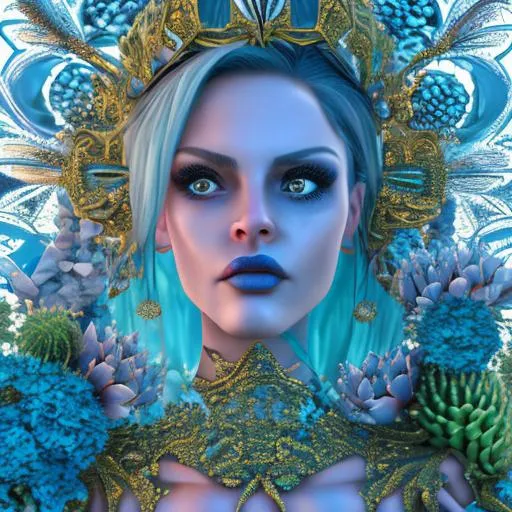 Prompt: Full body aquamarine Queen, full lips, blue eyes, flowers, cactus, crisp, gilded, intricate, flowing, 
led, hyper-detailed, 64K, UHD, HDR, unreal engine, vivid colors