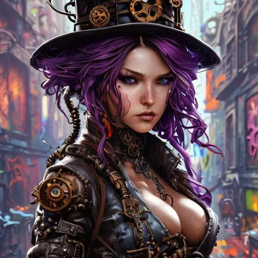 Prompt: beautiful steampunk rogue woman, alex ross, graffiti art, splash art, street art, spray paint, oil gouache melting, acrylic, high contrast, colorful polychromatic, ultra detailed, ultra quality, CGSociety, depth of field, 3d render, unreal engine 5