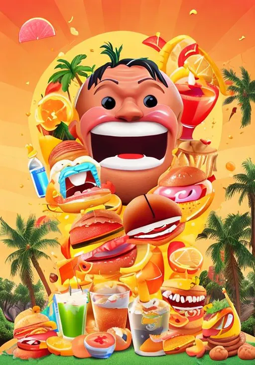 Prompt: Shouting Imoji with food drinks and crazy summer theme