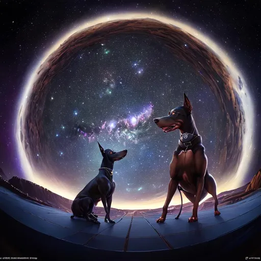 Prompt: An epic fantastic realism comic book style painting of the most beautiful spinning DOBERMANS , launched across the dark and starry night sky,  fisheye, unreal 5, DAZ, hyperrealistic, octane render, dynamic lighting