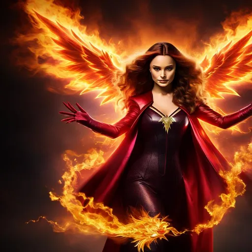 Prompt: High-resolution hyperrealistic photo of the dark phoenix merged with the scarlet witch, full-body, fiery phoenix aura, chaos magic, {{holding a grimoire}}, scarlet and ruby and gold costume, uhd, hdr, 64k