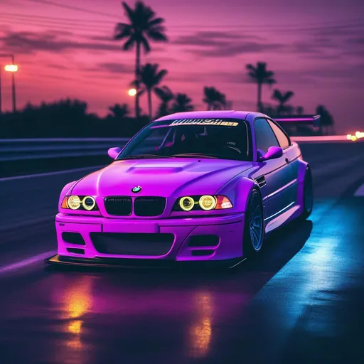 Prompt: 2001 BMW M3 E46 GTR, synthwave, aesthetic cyberpunk, miami, highway, dusk, neon lights, coastal highway, dusk, neon lights, coastal highway, sunset, drift, nurburgring