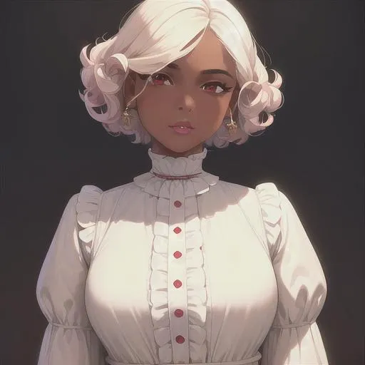 Prompt: (masterpiece, illustration, best quality:1.2), brown skin, soft face, detailed eyes, Victorian style, very short curly white hair, devilish like white eyes, wearing white nightgown, best quality face, best quality, best quality skin, best quality eyes, best quality lips, ultra-detailed eyes, ultra-detailed hair, ultra-detailed, illustration, colorful, soft glow, 1 girl