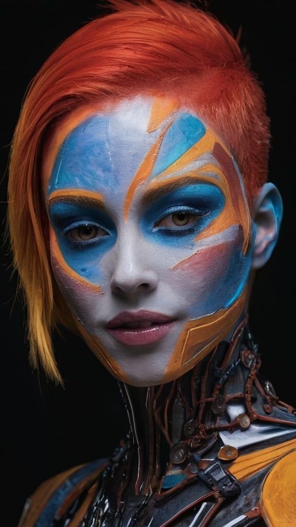 Prompt: a woman with painted face and body art on her face and chest, with orange hair and blue eyes, neo-fauvism