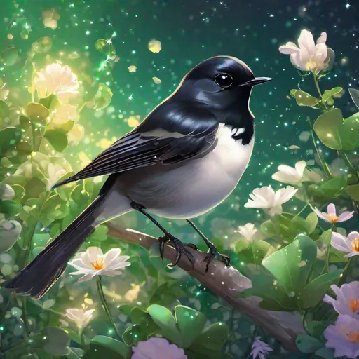 Prompt: A elegant translucent willy wagtail with rabies that is glowing, fanned tail, in a garden surrounded by clovers, catching a bug, sunrise,  beneath the stars, bioluminescent, highres, best quality, concept art