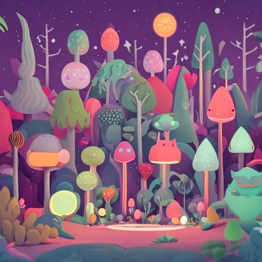 Prompt: an image of a whimsical forest with talking animals and glowing plants