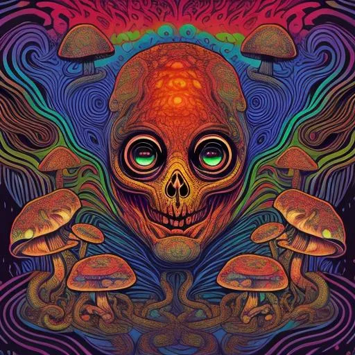 Prompt: psychedelic illustration of a snake face, open mouth, big eyes, vibrant colors, mushrooms, centralized, dark glow