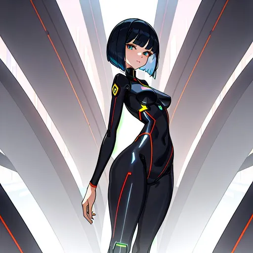 Prompt: a lonely AI girl, very tall, thick thighs, wide hips, huge glutes, long legs, slender arms, slender waist, big beautiful symmetrical eyes, intriguingly beautiful face, bob haircut with bangs, (becoming self-aware), 12K resolution, hyper quality, hyper-detailed, 12K resolution, hyper-professional