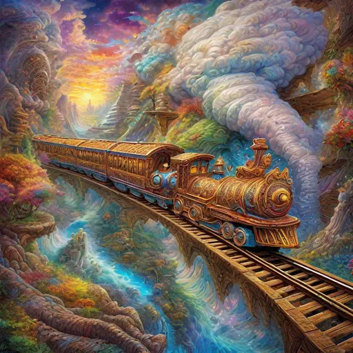 Prompt: ""Majestic prehistoric wooden train passing through a massively spiral railway track; a beautifully colorful and intricately detailed landscape made of clouds" by Josephine Wall and Mahmoud Farshchian; album cover art, 3d liquid art, subsurface scattering, octane, 16k, vivid, hyperrealism"