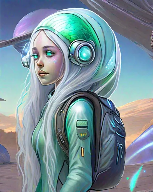 Prompt: A majestic alien traveler gazing thoughtfully at a strange, alien landscape. She has light blue skin with delicate markings, large emerald eyes, and long flowing silver hair that seems to float around her. Her clothing appears iridescent and holographic, shimmering with rainbow light effects. She wears a futuristic backpack and carries high-tech equipment for recording her intergalactic travels. Her expression conveys a sense of longing and curiosity as she observes the alien flora and crystalline rock formations under lavender skies. A warm sunset glow highlights her face and figure. By Android Jones in a style combining fantasy and science fiction art. ((Crystalline alien landscape)) ((Iridescent clothing))