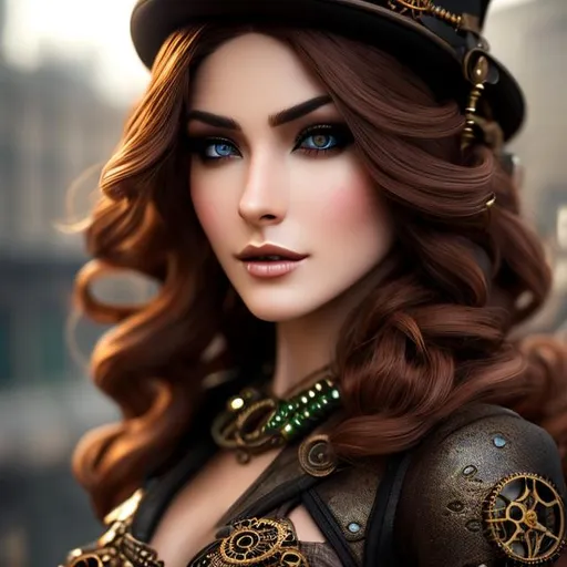 Prompt: A hyper realistic extremely detailed very close up steampunk woman. Woman has red hair and green eyes,  highly detailed, professional, render, Sharp focus, HD, UHD, HDR, hyperrealistic