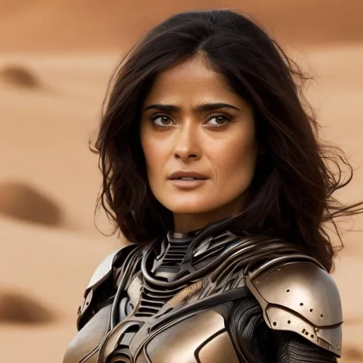 Prompt: salma hayek, detailed face, beautiful, scifi dune stillsuit, armor, desert tan