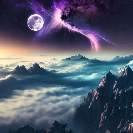 Prompt: (extremely detailed) (hyper realistic) (sharp detailed) (cinematic shot) (masterpiece) centered, moonlight, pulsar explosion,extraordinary shot, night sky, mountains, river, stars ,gorgeous goddess into the clouds, stunning beauty, 1girl, 3D illustration, high resolution, reflactions.