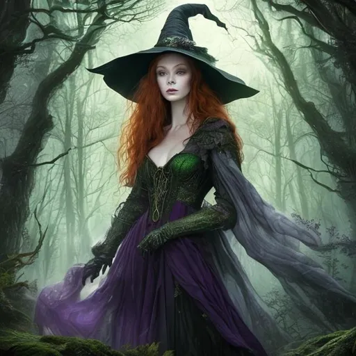 Prompt: Detailed and mystical portrait of a witch with ivory clear skin, long redhead hair and deep purple eyes. Gorgeous hot body, she wears rich aderent green dress, night light, forest, dramatic, charming pose, frontal, magical, fantasy, 8k, high detailed, dramatic light