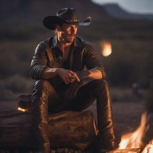 Prompt:  cowboy wearing leather pants, leather gloves, leather shirt, bandana, sitting at a campfire at dusk, rugged western style, high quality, realistic, warm lighting, detailed textures, dramatic composition, classic cowboy