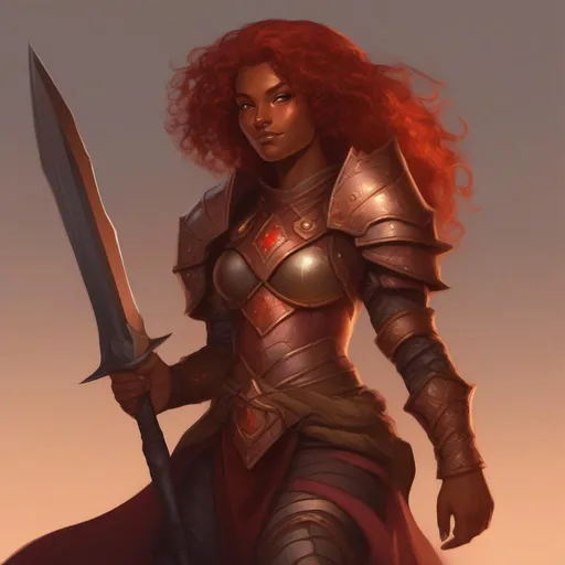 Prompt: dnd a dwarvern woman with red fiery curly hair with dark tan skin wearing bronze armor
