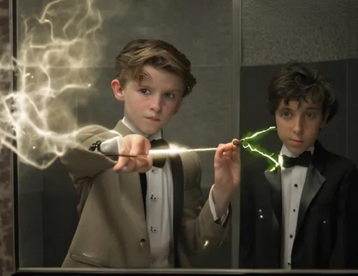 Prompt: 13 year old boy in a tuxedo casting a crazy magic spell from the outside of a bathroom stall with his magic wand, but the spell he cast happens on the inside of the bathroom stall.