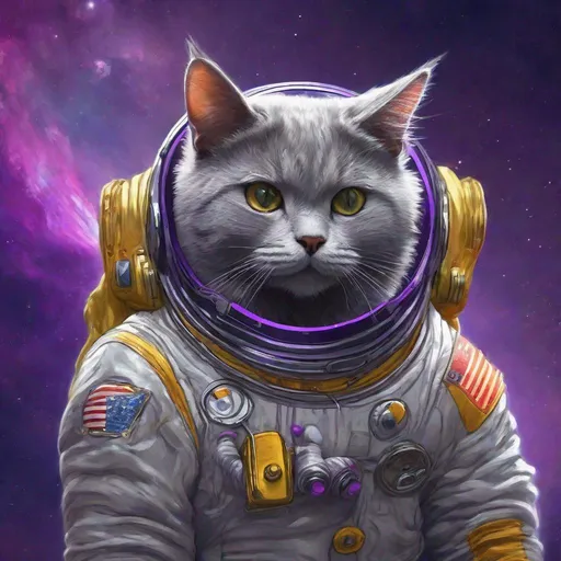 Prompt: Brilliant Striking concept art of a gray cat in a space suit with "Ricky" Written on the name tag. Floating through empty space chasing butter. Exquisite Detail Everything is perfectly to scale, HD, UHD, 8k Resolution, Vibrant Colorful Award winning Image with a purple color scheme