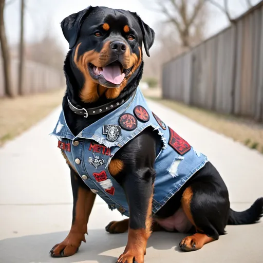 Prompt: rottweiler wearing a heavy metal music denim vest with death metal patches 